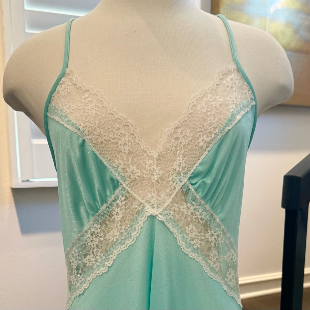 Vintage Undercover Wear 80s Silky Satin Pastel Green Lace Maxi Gown Slip Dress - Picture 6 of 10